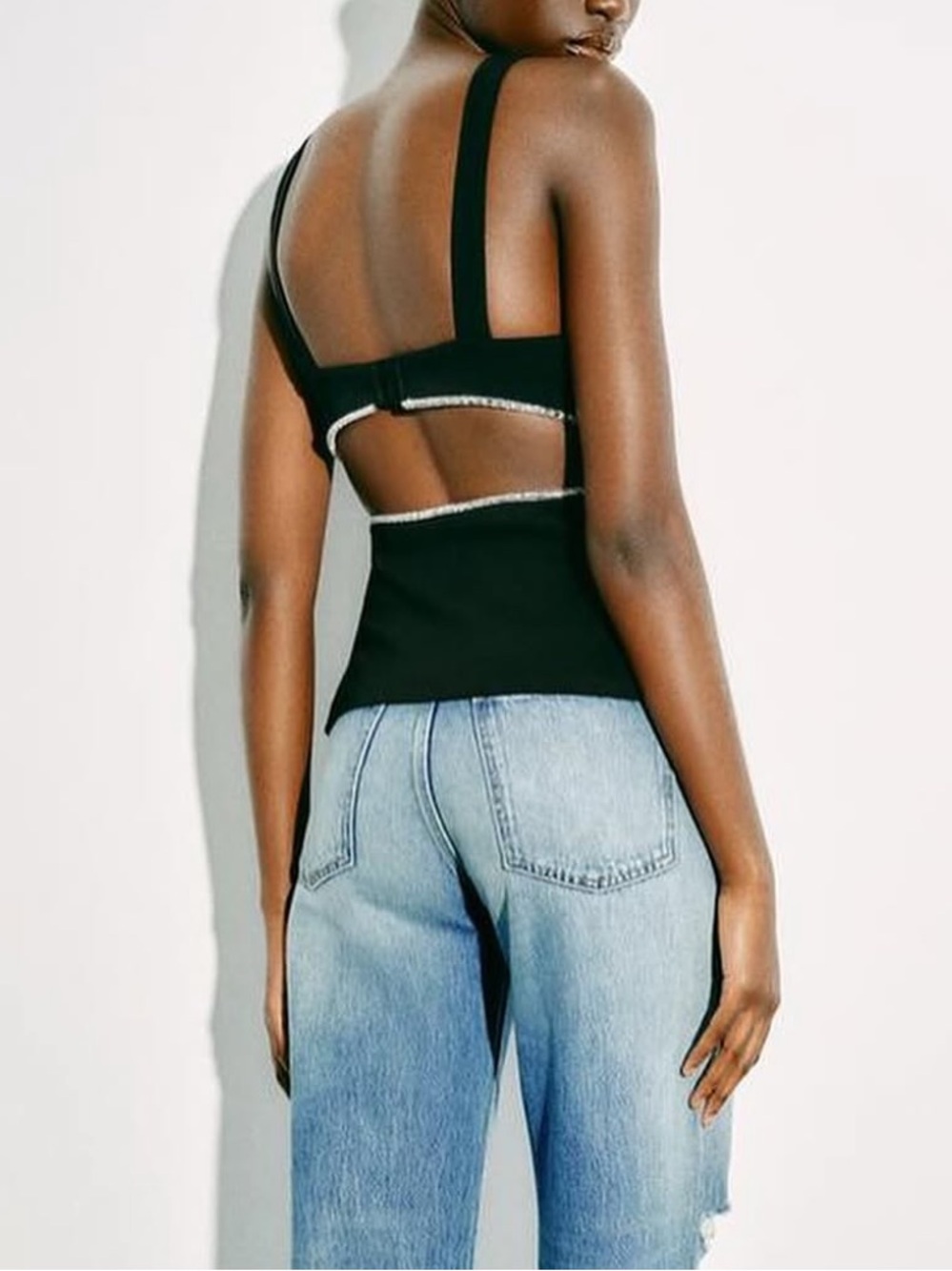 Zara Black Tank Top with Rhinestone Cutout Trim - Picture 3 of 9